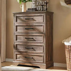 Commode à 5 tiroirs de style campagnard de 46 pouces pour chambre à coucher, chiffonnier haut en bois avec texture naturelle pour chambre à coucher, salon