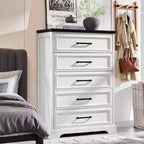 Commode à 5 tiroirs de style campagnard de 46 pouces pour chambre à coucher, chiffonnier haut en bois avec texture naturelle pour chambre à coucher, salon