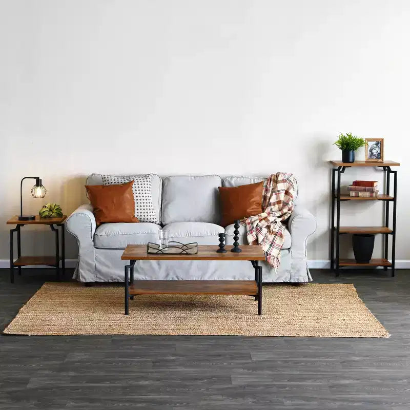Table basse rectangulaire Crown avec étagère de rangement, en bois de caryer rustique et métal noir