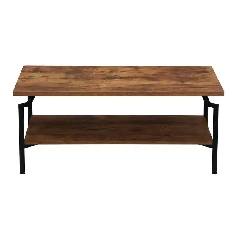 Table basse rectangulaire Crown avec étagère de rangement, en bois de caryer rustique et métal noir