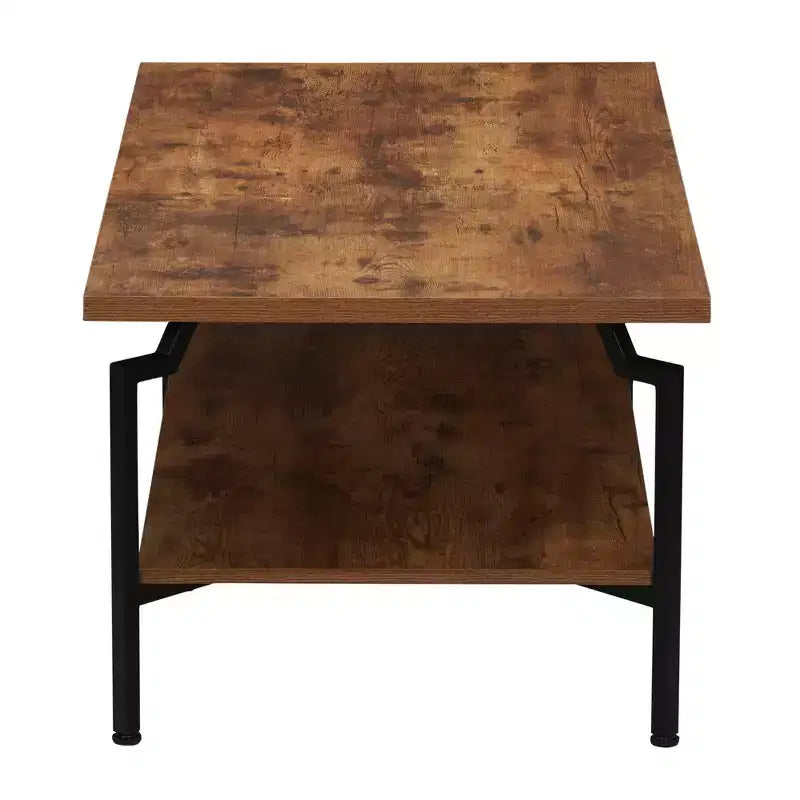 Table basse rectangulaire Crown avec étagère de rangement, en bois de caryer rustique et métal noir