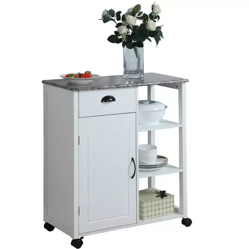 Kings Brand Furniture Chariot de cuisine de rangement avec plateau en vinyle effet bois et marbre François, blanc