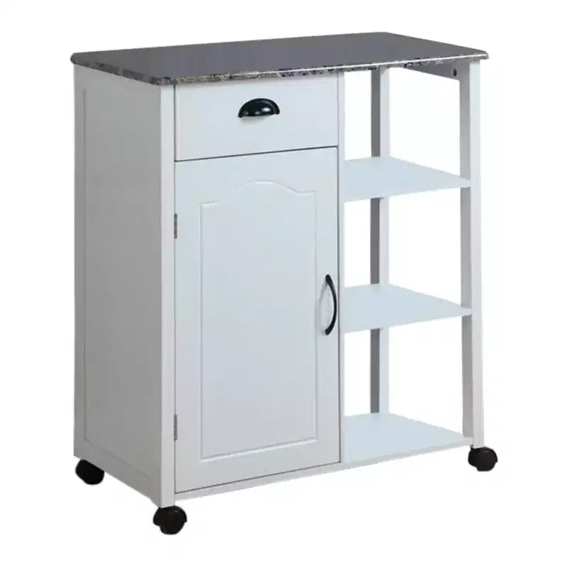 Kings Brand Furniture Chariot de cuisine de rangement avec plateau en vinyle effet bois et marbre François, blanc