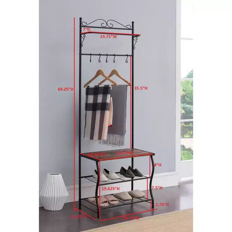 Meuble d'entrée Kings Brand Furniture Brentwood avec banc à chaussures, porte-manteau et patère de rangement avec crochets, noir
