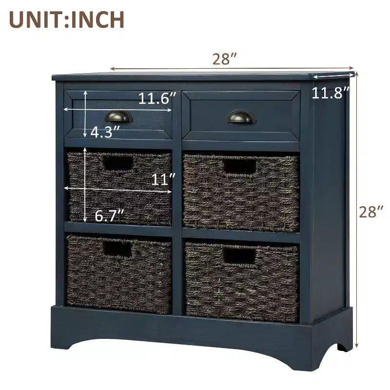 Buffet de Rangement Rustique Whisen avec Deux Tiroirs et Quatre Paniers en Rotin Classiques pour Salle à Manger, Salon