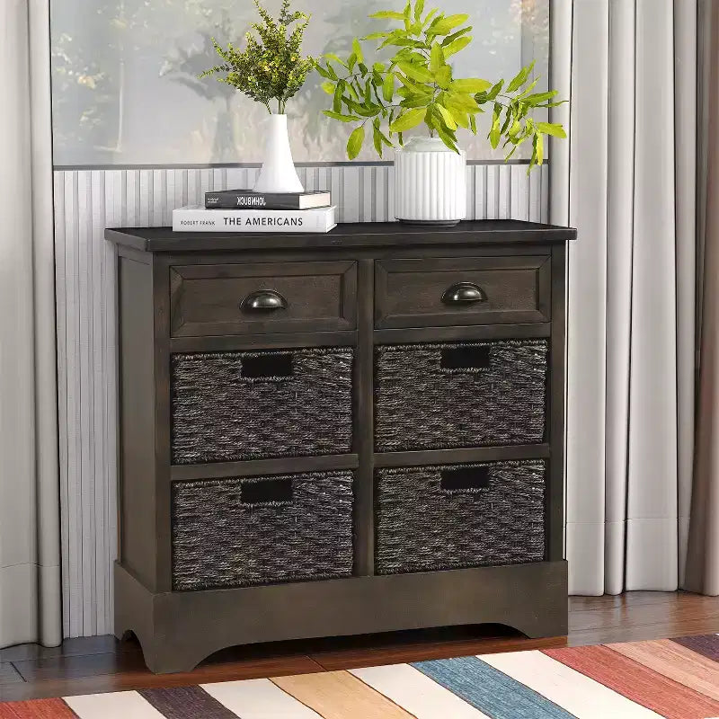 Buffet de Rangement Rustique Whisen avec Deux Tiroirs et Quatre Paniers en Rotin Classiques pour Salle à Manger, Salon