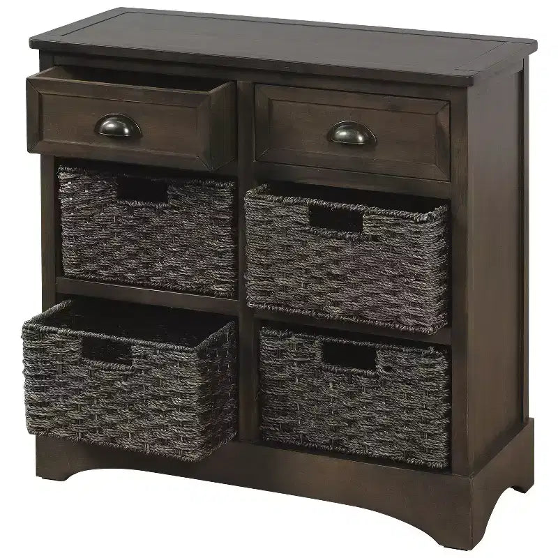 Buffet de Rangement Rustique Whisen avec Deux Tiroirs et Quatre Paniers en Rotin Classiques pour Salle à Manger, Salon