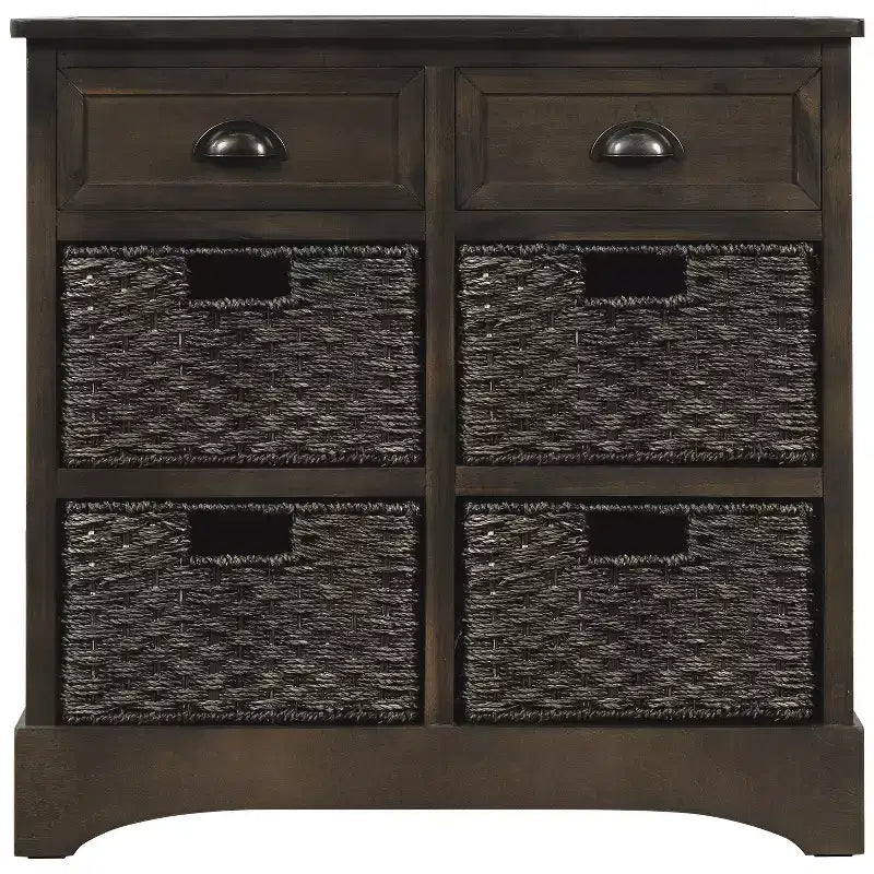 Buffet de Rangement Rustique Whisen avec Deux Tiroirs et Quatre Paniers en Rotin Classiques pour Salle à Manger, Salon