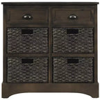 Buffet de Rangement Rustique Whisen avec Deux Tiroirs et Quatre Paniers en Rotin Classiques pour Salle à Manger, Salon
