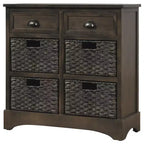 Buffet de Rangement Rustique Whisen avec Deux Tiroirs et Quatre Paniers en Rotin Classiques pour Salle à Manger, Salon