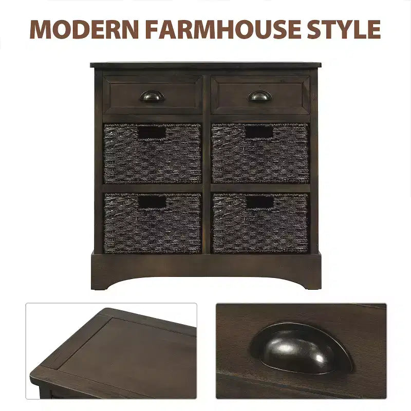 Buffet de Rangement Rustique Whisen avec Deux Tiroirs et Quatre Paniers en Rotin Classiques pour Salle à Manger, Salon