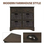 Buffet de Rangement Rustique Whisen avec Deux Tiroirs et Quatre Paniers en Rotin Classiques pour Salle à Manger, Salon