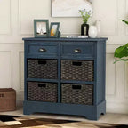 Buffet de Rangement Rustique Whisen avec Deux Tiroirs et Quatre Paniers en Rotin Classiques pour Salle à Manger, Salon