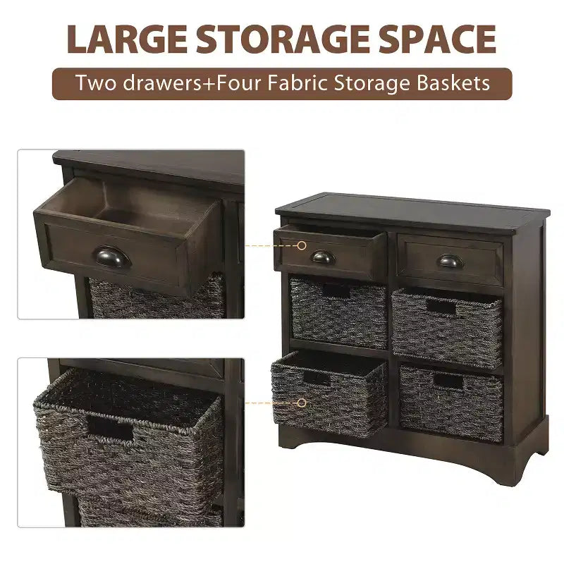 Buffet de Rangement Rustique Whisen avec Deux Tiroirs et Quatre Paniers en Rotin Classiques pour Salle à Manger, Salon