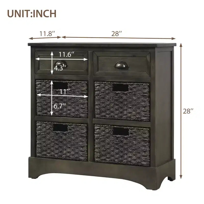 Buffet de Rangement Rustique Whisen avec Deux Tiroirs et Quatre Paniers en Rotin Classiques pour Salle à Manger, Salon