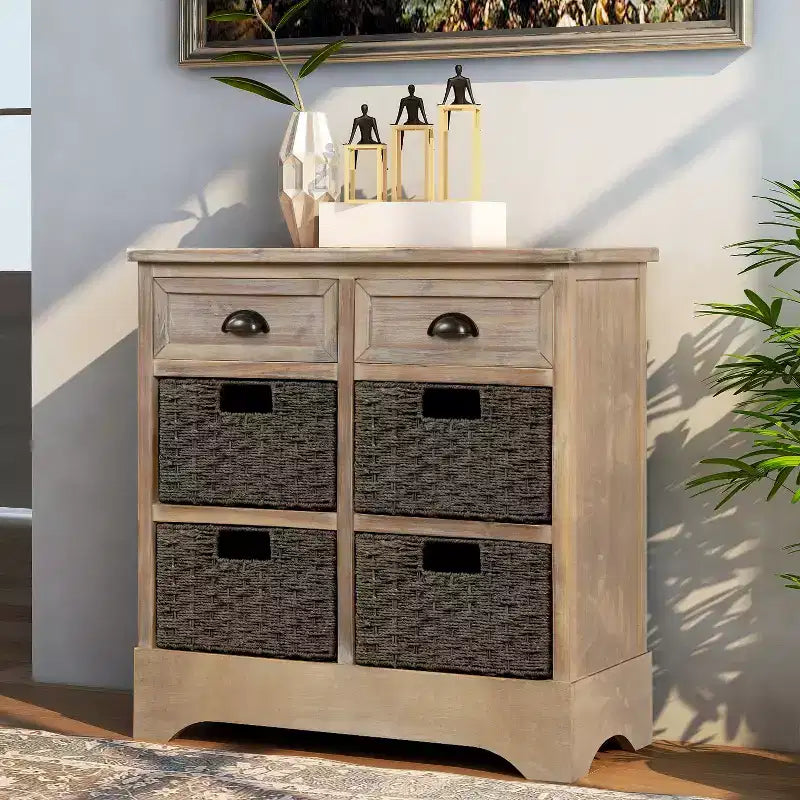 Buffet de Rangement Rustique Whisen avec Deux Tiroirs et Quatre Paniers en Rotin Classiques pour Salle à Manger, Salon