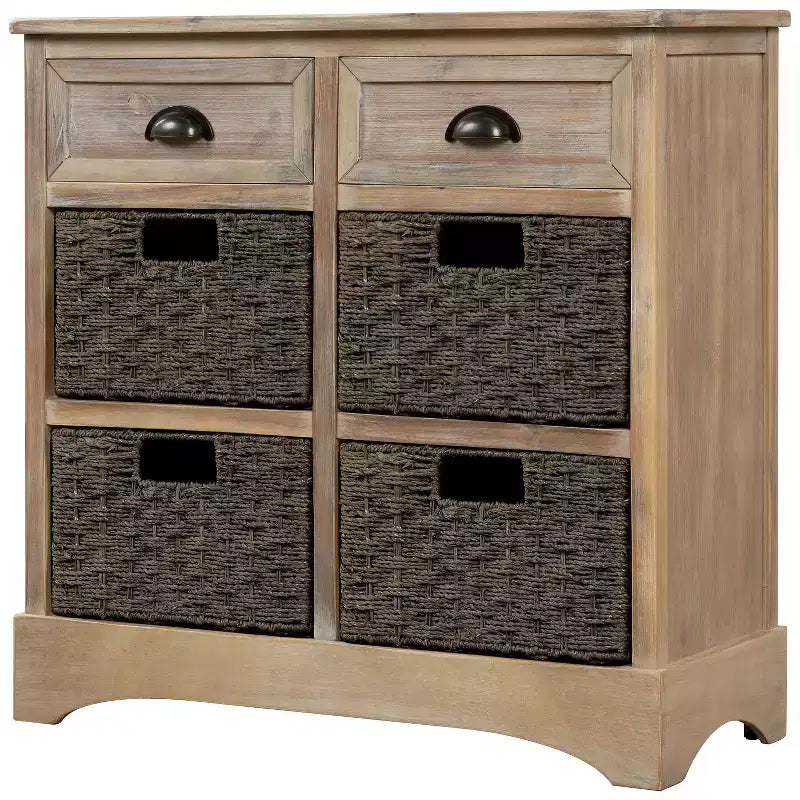 Buffet de Rangement Rustique Whisen avec Deux Tiroirs et Quatre Paniers en Rotin Classiques pour Salle à Manger, Salon