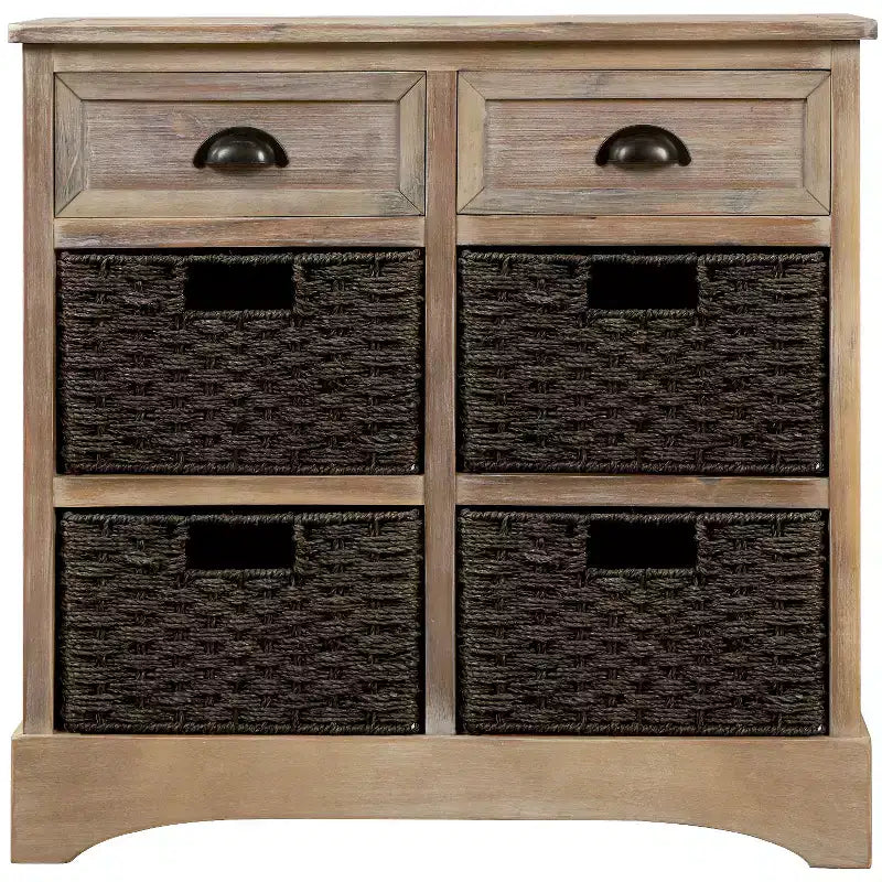 Buffet de Rangement Rustique Whisen avec Deux Tiroirs et Quatre Paniers en Rotin Classiques pour Salle à Manger, Salon
