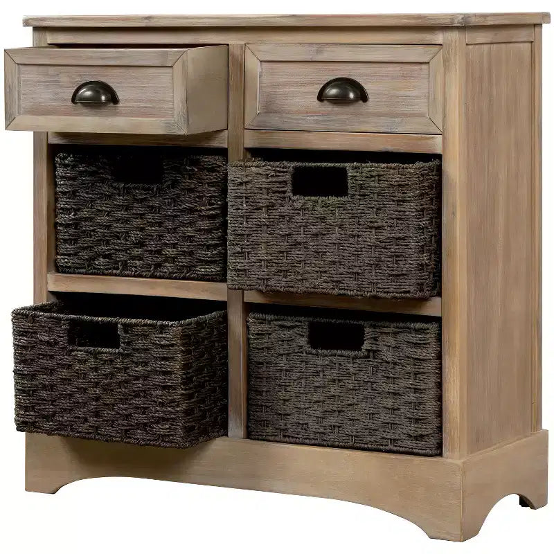 Buffet de Rangement Rustique Whisen avec Deux Tiroirs et Quatre Paniers en Rotin Classiques pour Salle à Manger, Salon