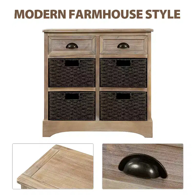 Buffet de Rangement Rustique Whisen avec Deux Tiroirs et Quatre Paniers en Rotin Classiques pour Salle à Manger, Salon