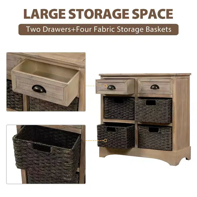 Buffet de Rangement Rustique Whisen avec Deux Tiroirs et Quatre Paniers en Rotin Classiques pour Salle à Manger, Salon