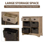 Buffet de Rangement Rustique Whisen avec Deux Tiroirs et Quatre Paniers en Rotin Classiques pour Salle à Manger, Salon