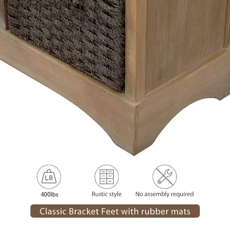 Buffet de Rangement Rustique Whisen avec Deux Tiroirs et Quatre Paniers en Rotin Classiques pour Salle à Manger, Salon
