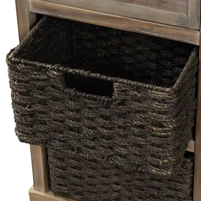 Buffet de Rangement Rustique Whisen avec Deux Tiroirs et Quatre Paniers en Rotin Classiques pour Salle à Manger, Salon