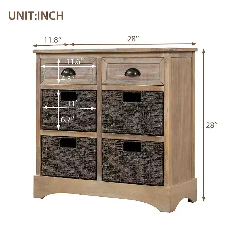 Buffet de Rangement Rustique Whisen avec Deux Tiroirs et Quatre Paniers en Rotin Classiques pour Salle à Manger, Salon