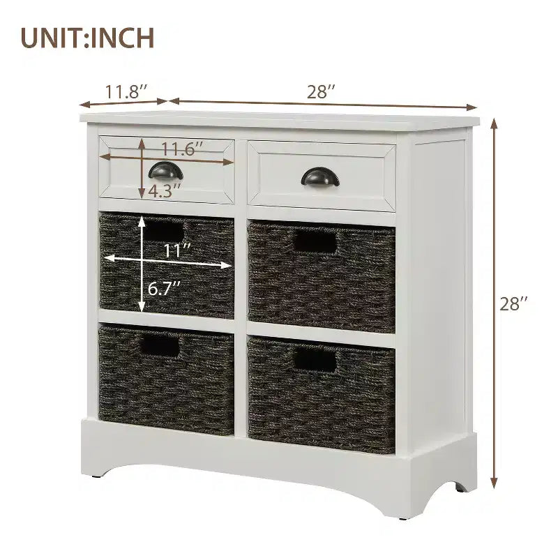 Buffet de Rangement Rustique Whisen avec Deux Tiroirs et Quatre Paniers en Rotin Classiques pour Salle à Manger, Salon