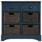 Buffet de Rangement Rustique Whisen avec Deux Tiroirs et Quatre Paniers en Rotin Classiques pour Salle à Manger, Salon