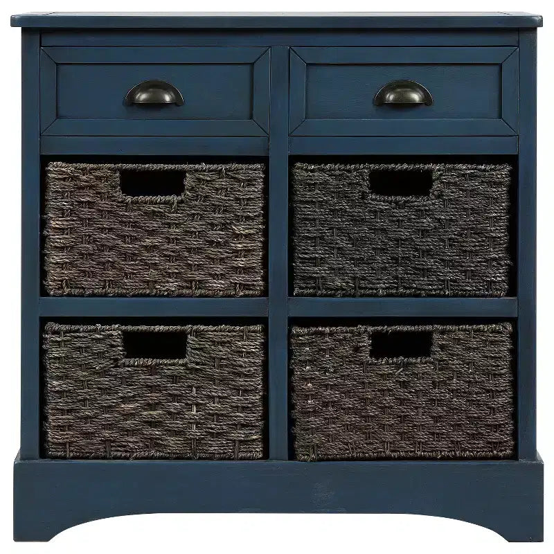 Buffet de Rangement Rustique Whisen avec Deux Tiroirs et Quatre Paniers en Rotin Classiques pour Salle à Manger, Salon