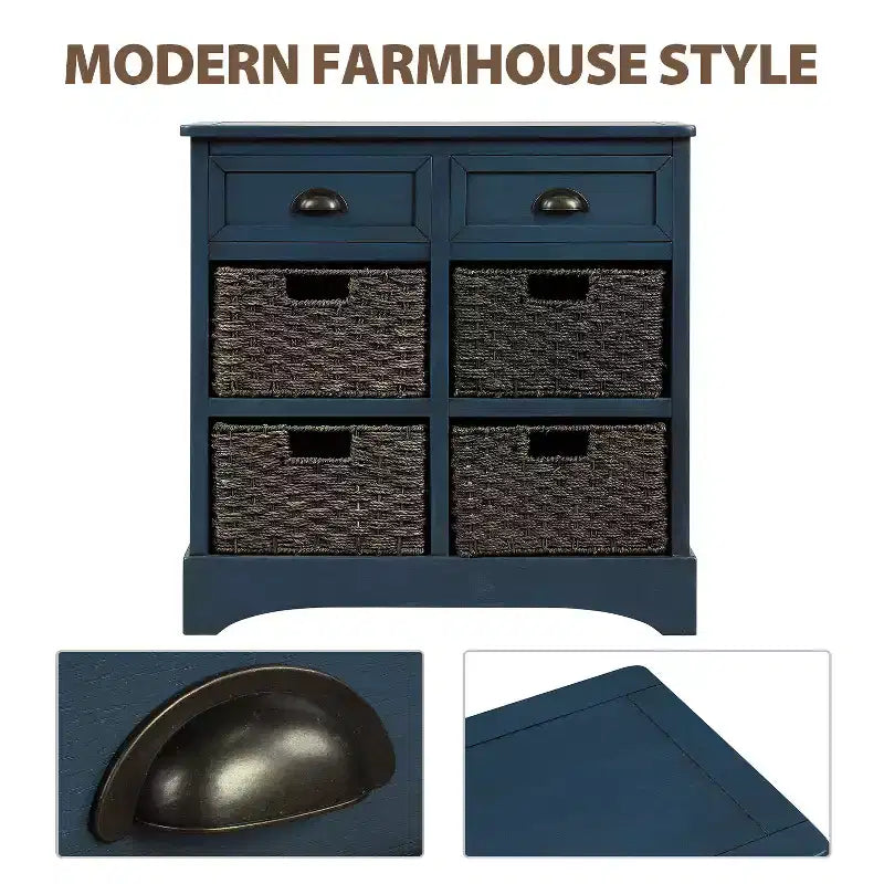 Buffet de Rangement Rustique Whisen avec Deux Tiroirs et Quatre Paniers en Rotin Classiques pour Salle à Manger, Salon