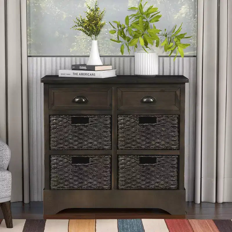 Buffet de Rangement Rustique Whisen avec Deux Tiroirs et Quatre Paniers en Rotin Classiques pour Salle à Manger, Salon