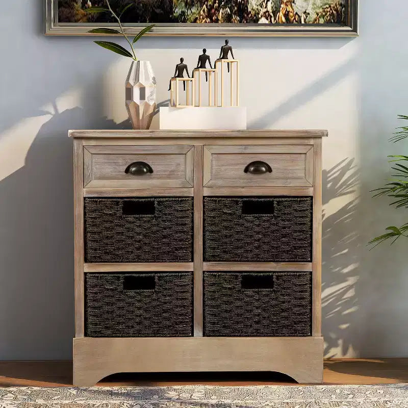 Buffet de Rangement Rustique Whisen avec Deux Tiroirs et Quatre Paniers en Rotin Classiques pour Salle à Manger, Salon