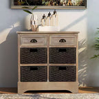 Buffet de Rangement Rustique Whisen avec Deux Tiroirs et Quatre Paniers en Rotin Classiques pour Salle à Manger, Salon