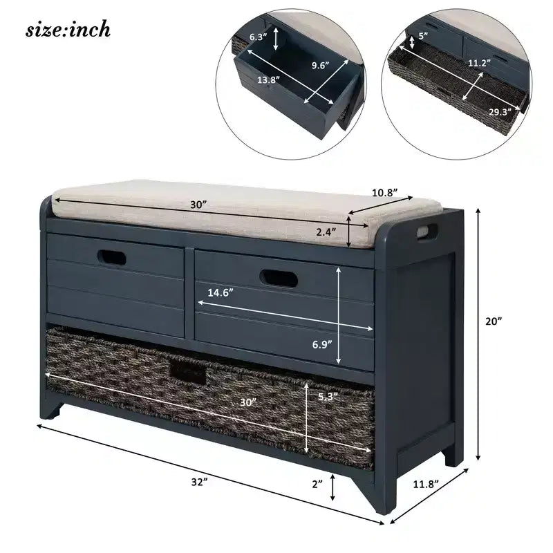 Banc de rangement Whisen avec panier amovible et 2 tiroirs