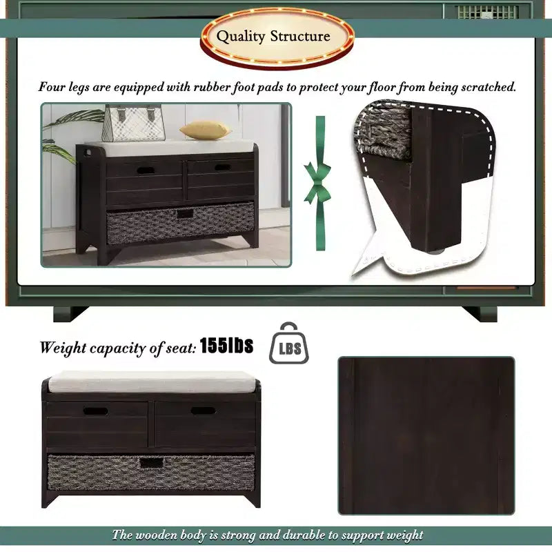 Banc de rangement Whisen avec panier amovible et 2 tiroirs