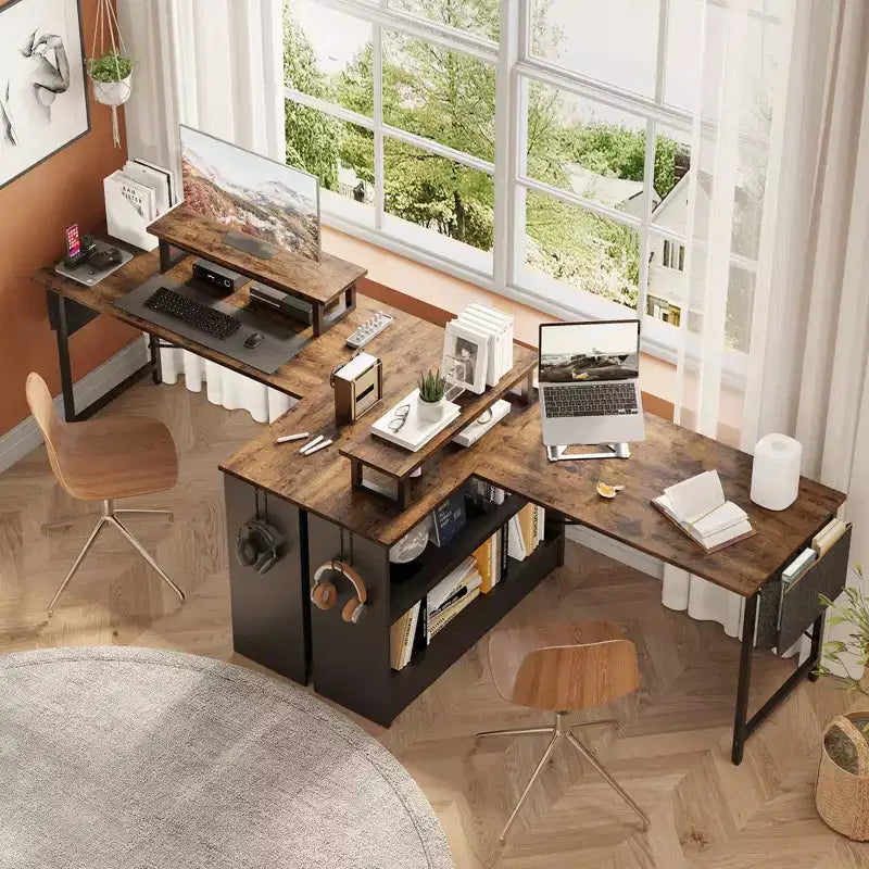 Bestier Bureau d'ordinateur en L de 42 pouces avec étagères de rangement ouvertes réversibles, bureau d'ordinateur moderne avec lumière LED et support d'écran