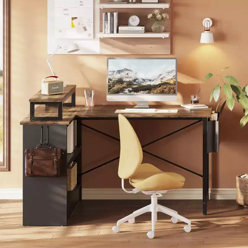 Bestier Bureau d'ordinateur en L de 42 pouces avec étagères de rangement ouvertes réversibles, bureau d'ordinateur moderne avec lumière LED et support d'écran