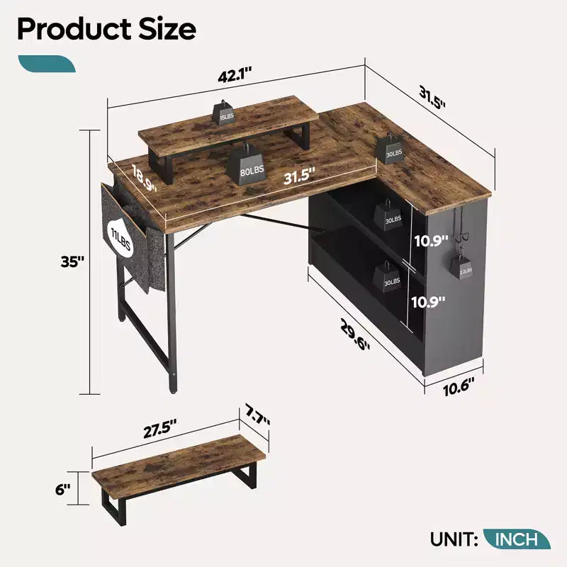 Bestier Bureau d'ordinateur en L de 42 pouces avec étagères de rangement ouvertes réversibles, bureau d'ordinateur moderne avec lumière LED et support d'écran