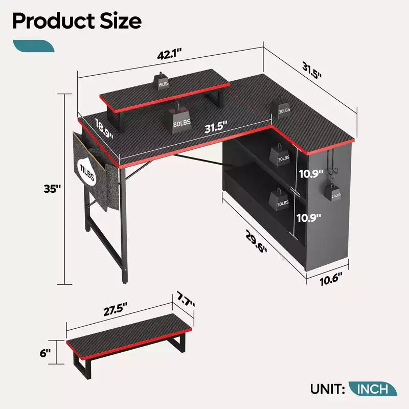 Bestier Bureau d'ordinateur en L de 42 pouces avec étagères de rangement ouvertes réversibles, bureau d'ordinateur moderne avec lumière LED et support d'écran