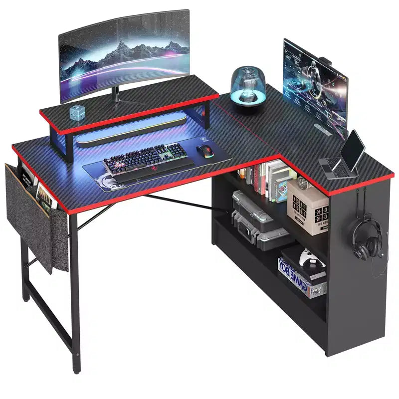 Bestier Bureau d'ordinateur en L de 42 pouces avec étagères de rangement ouvertes réversibles, bureau d'ordinateur moderne avec lumière LED et support d'écran