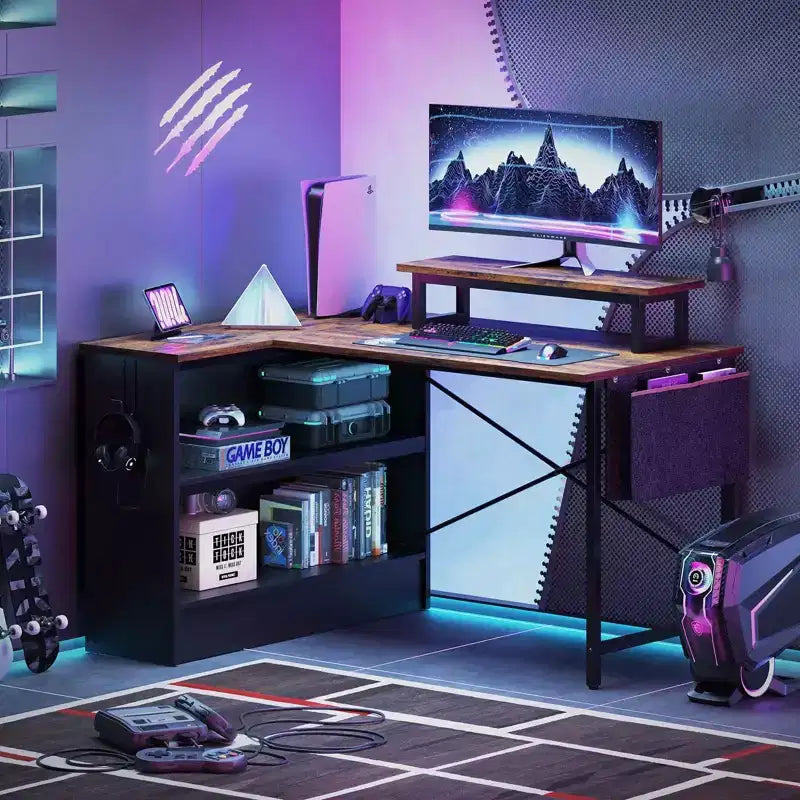 Bestier Bureau d'ordinateur en L de 42 pouces avec étagères de rangement ouvertes réversibles, bureau d'ordinateur moderne avec lumière LED et support d'écran