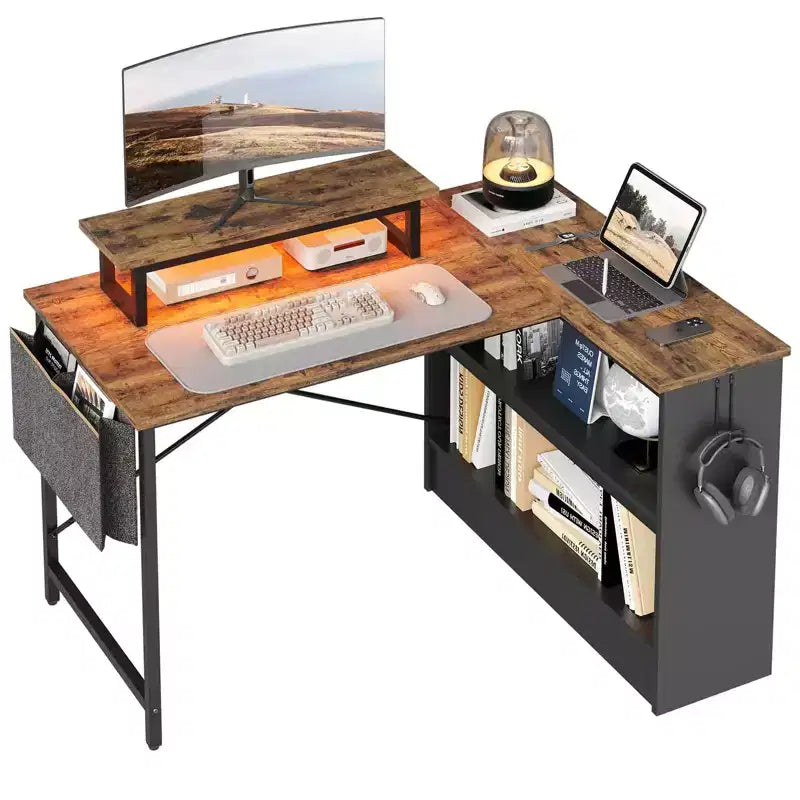 Bestier Bureau d'ordinateur en L de 42 pouces avec étagères de rangement ouvertes réversibles, bureau d'ordinateur moderne avec lumière LED et support d'écran