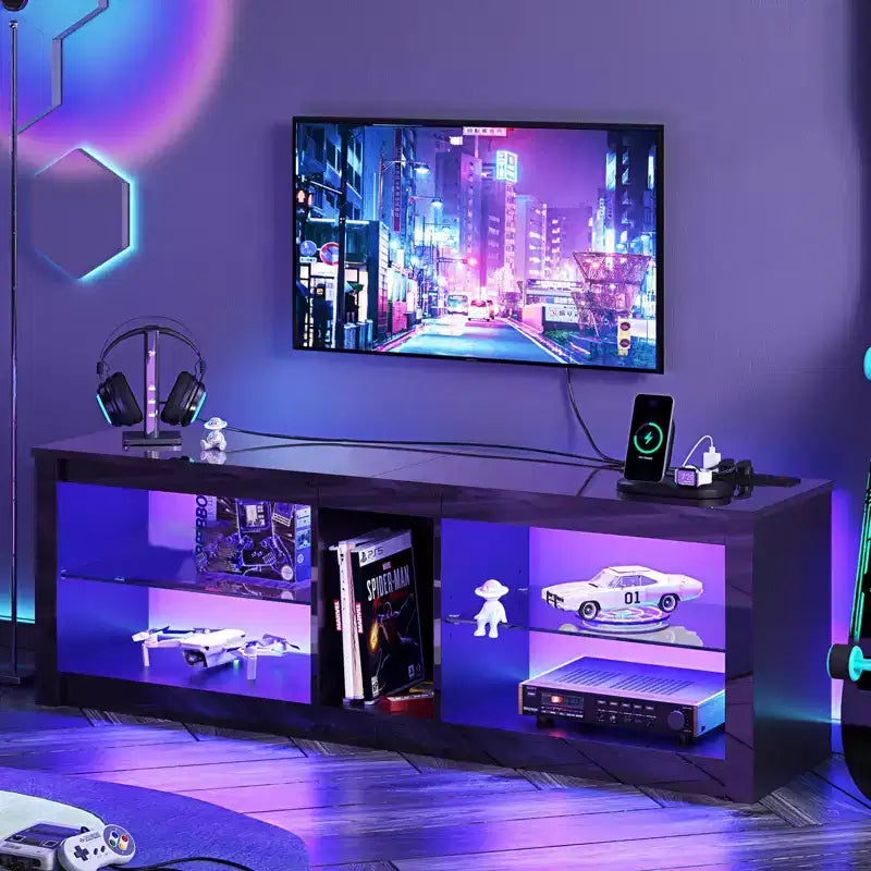 Meuble TV LED Bestier 55 pouces, console média moderne avec prise de courant et rangement, meuble de divertissement pour jeux vidéo, pour chambre et salon