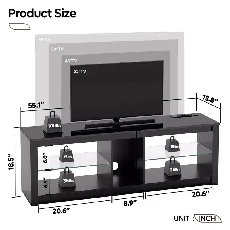Meuble TV LED Bestier 55 pouces, console média moderne avec prise de courant et rangement, meuble de divertissement pour jeux vidéo, pour chambre et salon