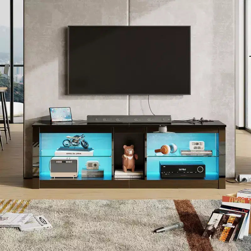 Meuble TV LED Bestier 55 pouces, console média moderne avec prise de courant et rangement, meuble de divertissement pour jeux vidéo, pour chambre et salon