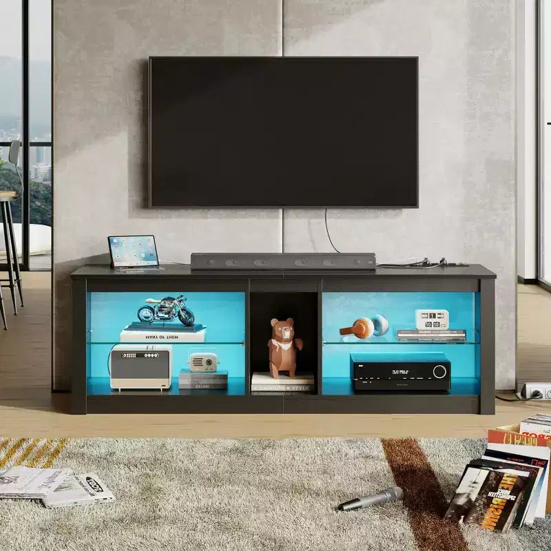 Meuble TV LED Bestier 55 pouces, console média moderne avec prise de courant et rangement, meuble de divertissement pour jeux vidéo, pour chambre et salon