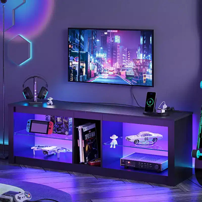 Meuble TV LED Bestier 55 pouces, console média moderne avec prise de courant et rangement, meuble de divertissement pour jeux vidéo, pour chambre et salon